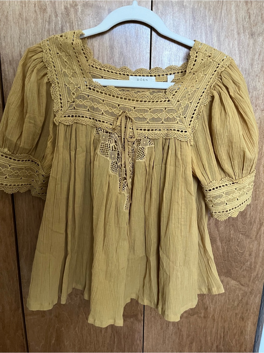 Doen Mustard Crochet-Trim Peasant Blouse - Picture 2 of 4